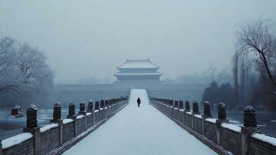 冬天行走在北京故宫雪地上的人影