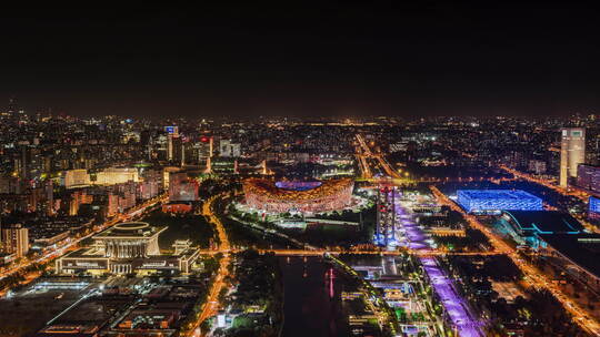 北京水立方鸟巢国家体育中心夜景延时素材