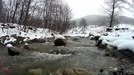 落满雪花的小溪留着清澈的溪水
