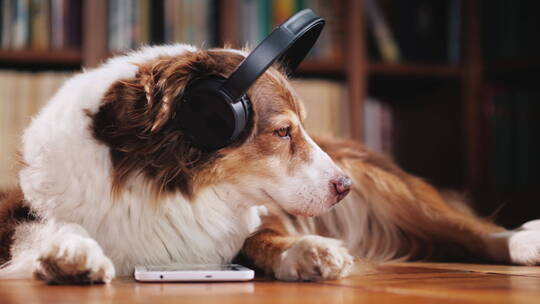狗戴着耳机趴在图书馆的地板上 