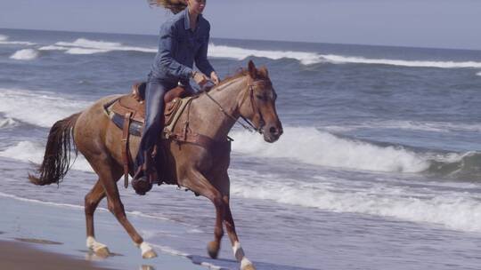 女人在海边骑马视频素材模板下载