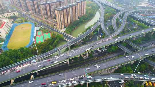 杭州上城区石德立交桥高架桥车流风景视频素