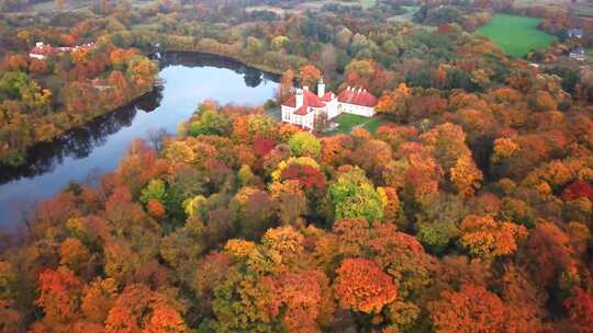 空中飞越美丽的秋天森林和城堡