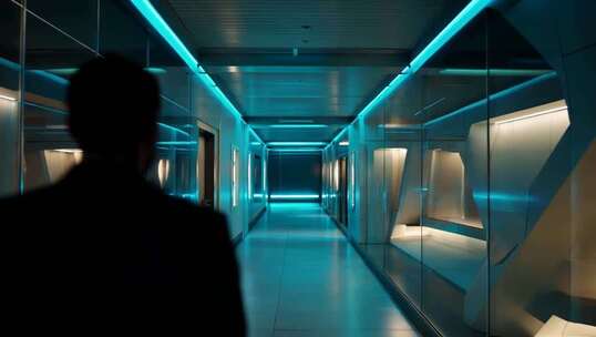 男子行走在科技感走廊