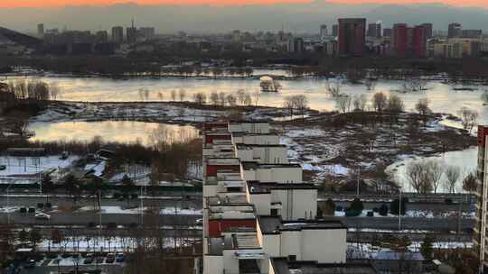 北京冬天昌平滨河公园日落夕阳晚霞视频素材模板下载