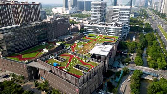 城市现代化街道及周边高楼鸟瞰全景