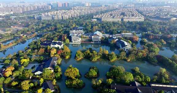 中国杭州西溪湿地与村庄清晨美景