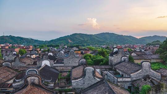 傍晚时的广东清远佛冈县上岳古村落航拍美景