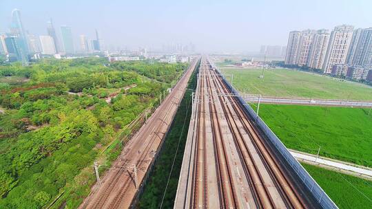 航拍杭州萧山开发区高速电气化铁路