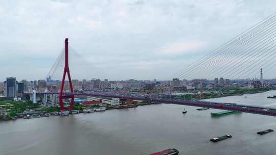 上海市浦东新区杨浦大桥城市车流交通船只船视频素材模板下载