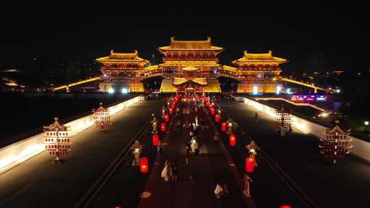 航拍河南洛阳九洲池遗址景区夜景