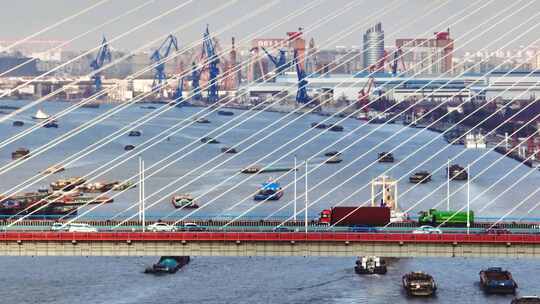 上海黄浦江杨浦大桥车流轮船航拍视频素材模板下载
