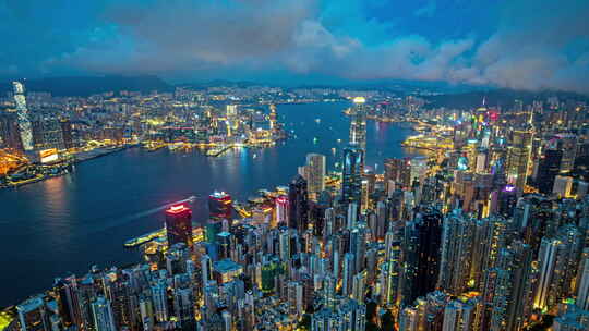 香港中环维多利亚港夜景航拍延时视频