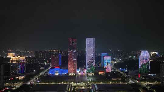 江门五邑华侨广场夜景航拍蓬江万达广场夜景