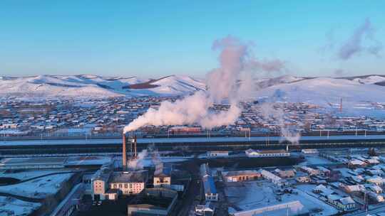 塞外小镇呼伦贝尔免渡河雪景