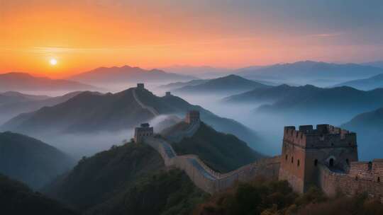 航拍云雾缭绕的壮美万里长城云海日出延时
