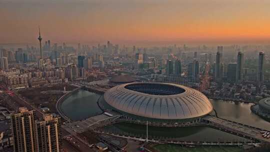 天津奥林匹克中心清晨航拍视频素材模板下载