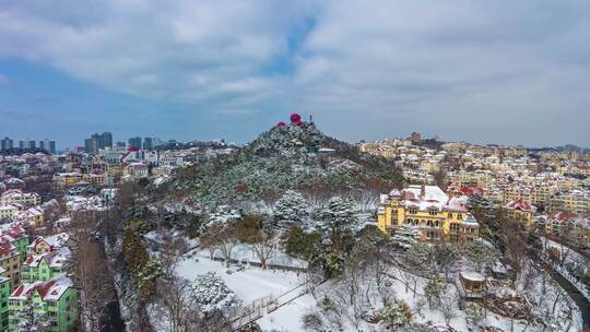 青岛城市风光雪景鸟瞰