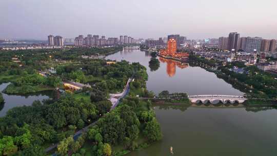 眉山远景楼和东坡城市湿地公园夜景航拍