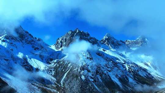 雪山下多彩树林与湖泊相映的美景