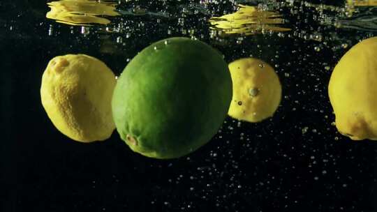 慢镜头——柠檬和酸橙落入水中