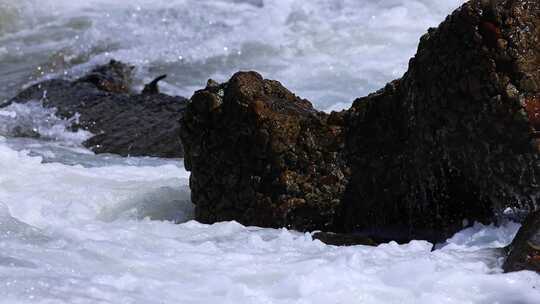 海浪浪花拍打海岸