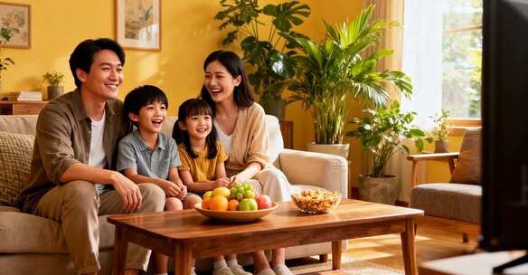 一家四口客厅看电视