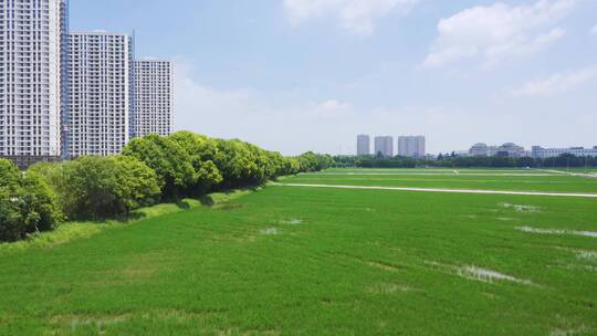 航拍刚刚落成的高层居民小区和大草坪