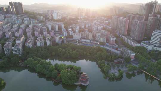 湖南省郴州市北湖区北湖公园北楼夕阳航拍4k