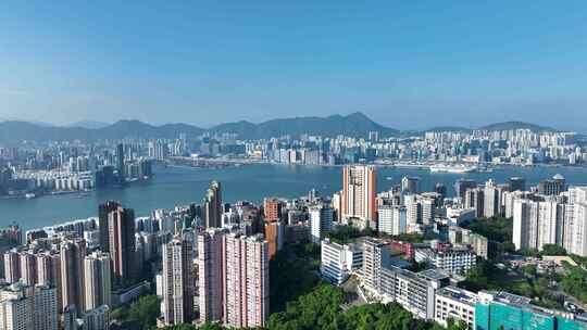 航拍香港维多利亚港城市天际线万里无云风景