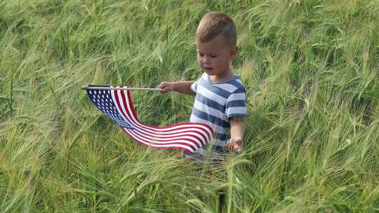 晴天独立日，男婴在麦田挥舞美国国旗