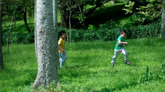 两个小孩在树林里追逐打闹 快乐的童年