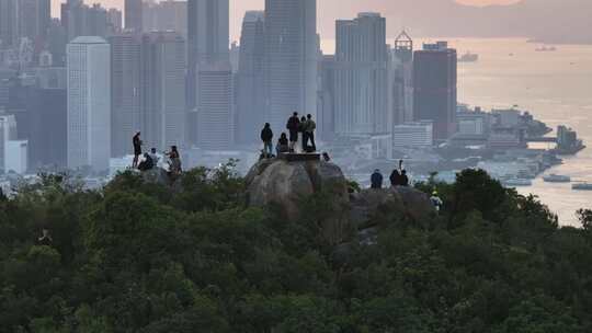 香港宝马山观景平台傍晚夕阳航拍