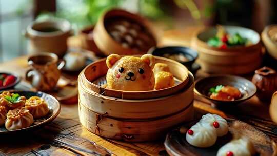 可爱动物造型包子蒸笼中国美食面点餐厅早餐