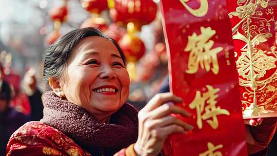 老人手持对联喜庆新年