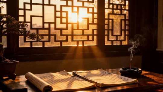 古典花木窗格窗户光影变化意境古典