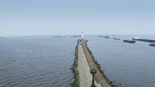 航拍上海吴淞口灯塔与长江海景