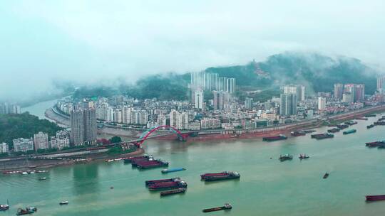 4k航拍广西梧州西江万秀区港口码头鸳江大桥视频素材模板下载