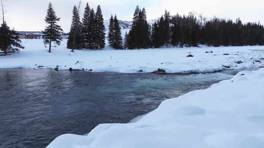 航拍新疆冬季喀纳斯湖雪景雪山森林冰河晨雾