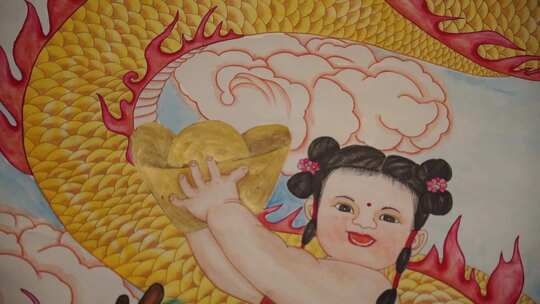 孩童抱金元宝的传统卡通画