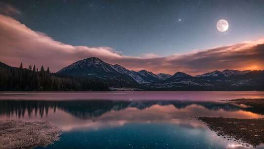 月夜下的山水湖泊美景