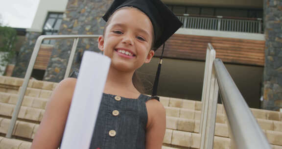 快乐的女孩戴着毕业帽拿着文凭的视频