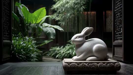 中式庭院玉兔雕塑静谧美好