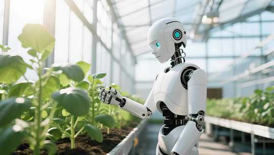 温室大棚内机器人查看植物