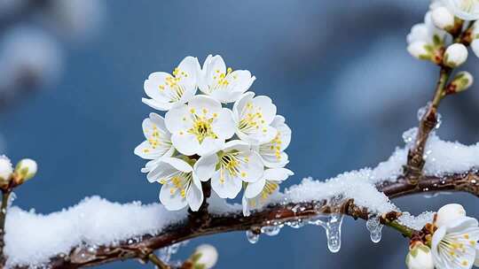 覆雪绽放的白色花朵特写