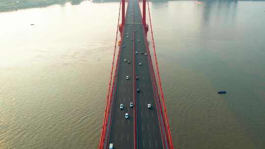 湖北省武汉市鹦鹉洲长江大桥日出航拍