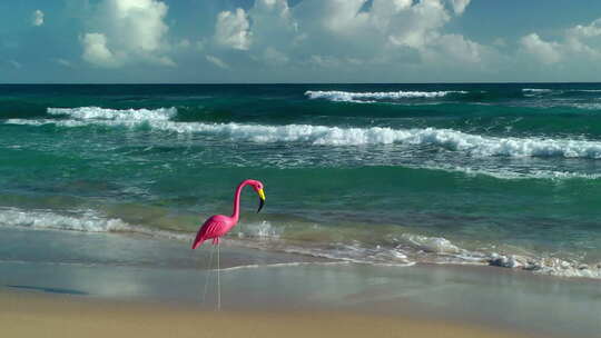 拍摄海滩上的塑料火烈鸟
