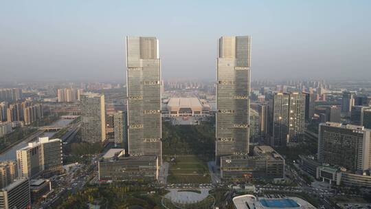 城市航拍郑州绿地双子塔地标建筑