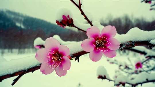 雪中梅花绽放的粉色花朵