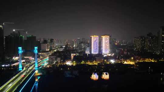 航拍湖北襄阳夜景凤雏大桥夜景